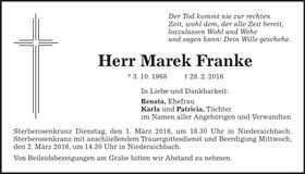 Traueranzeige Marek Franke