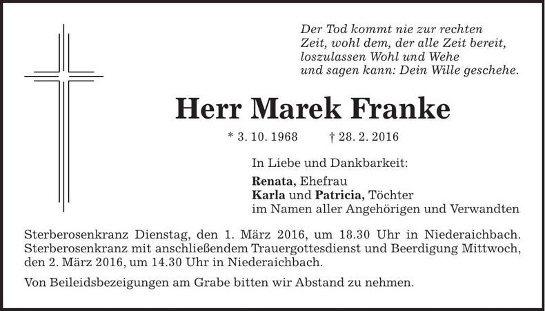 Traueranzeige Marek Franke