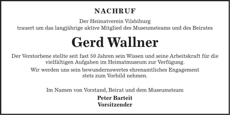 Traueranzeige Gerhard Wallner