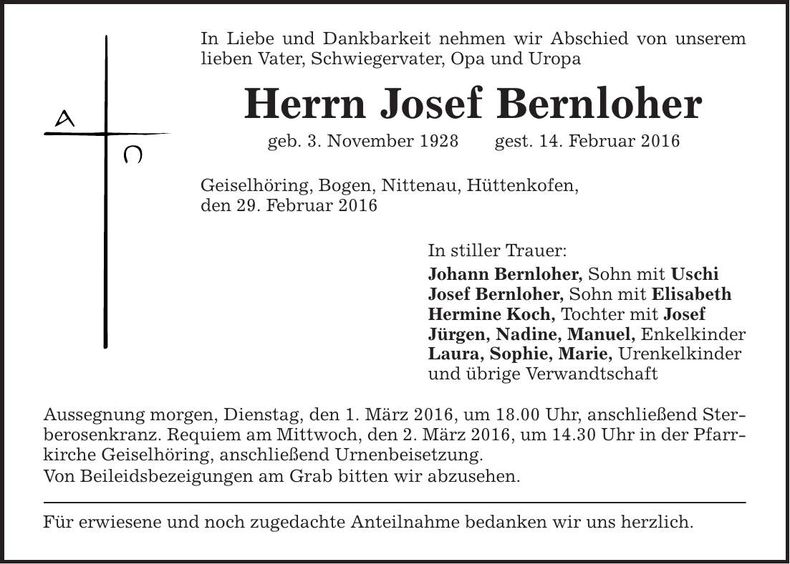 Traueranzeige Josef Bernloher