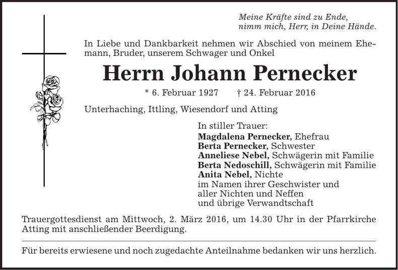 Traueranzeige Johann Pernecker