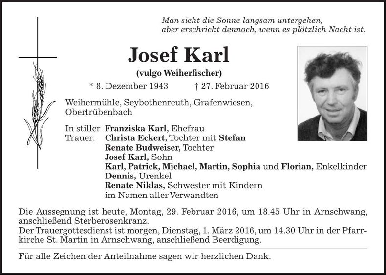Traueranzeige Josef Karl