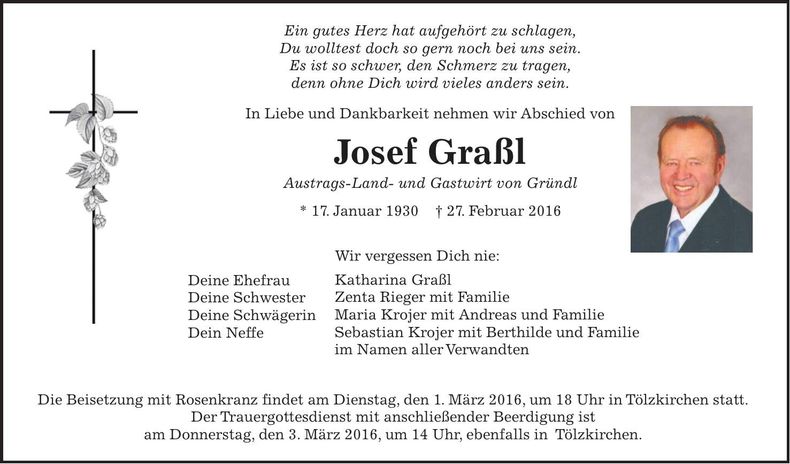 Traueranzeige Josef Graßl