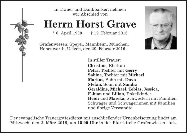 Traueranzeige Horst Grave