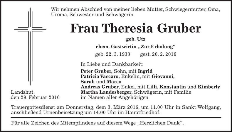 Traueranzeige Theresia Gruber