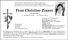 Traueranzeige Christine Zinner