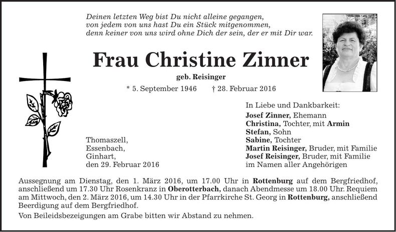 Traueranzeige Christine Zinner