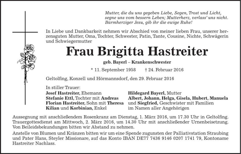 Traueranzeige Brigitta Hastreiter