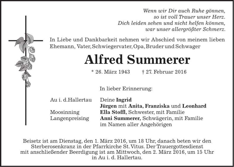 Traueranzeige Alfred Summerer