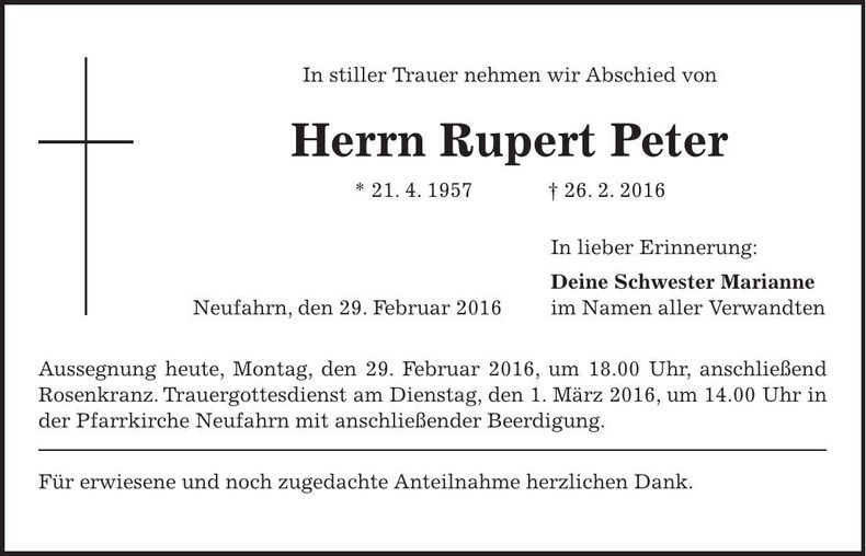 Traueranzeige Peter Rupert