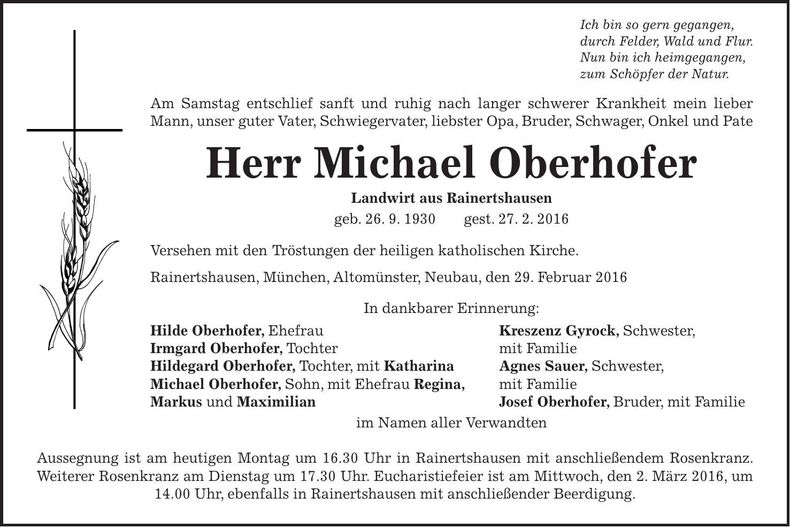 Traueranzeige Michael Oberhofer