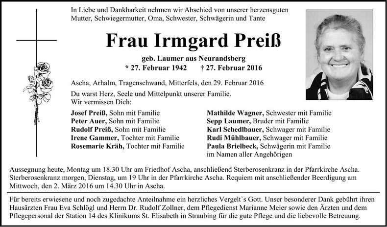 Traueranzeige Irmgard Preiß