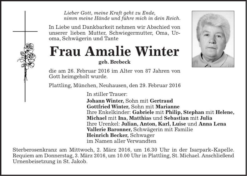 Traueranzeige Amalie Winter