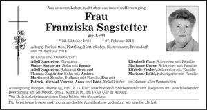 Traueranzeige Franziska Sagstetter