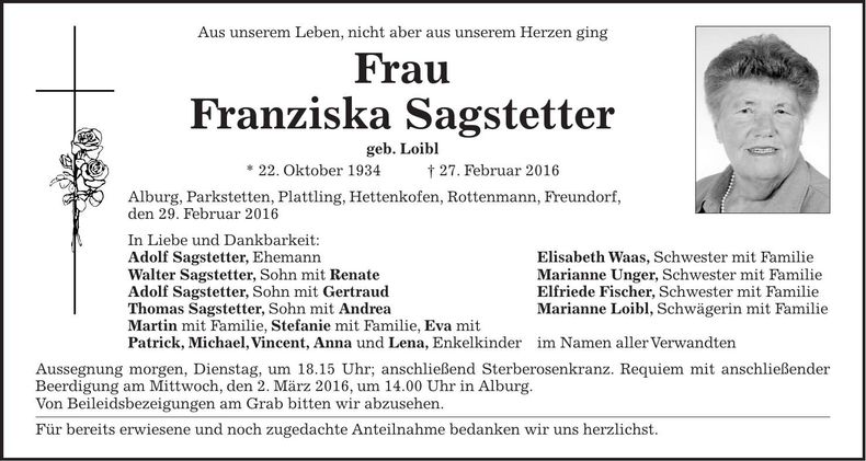 Traueranzeige Franziska Sagstetter