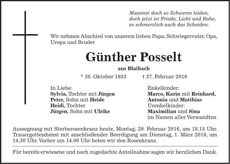 Traueranzeige Günther Posselt