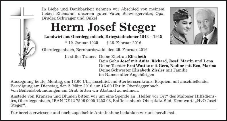Traueranzeige Josef Steger