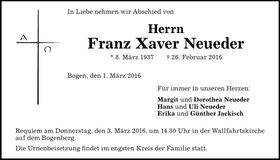 Traueranzeige Franz Xaver Neueder