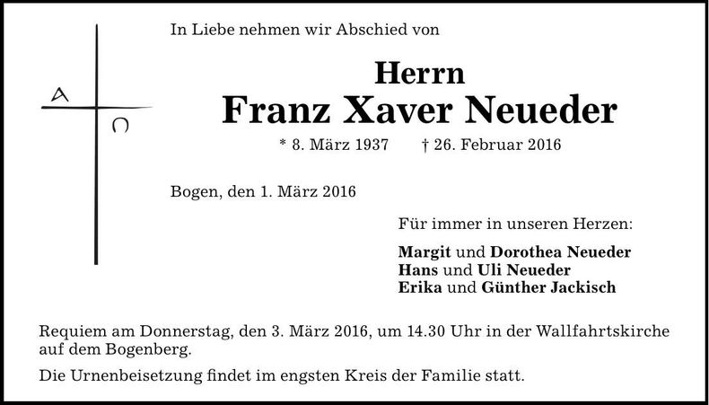 Traueranzeige Franz Xaver Neueder