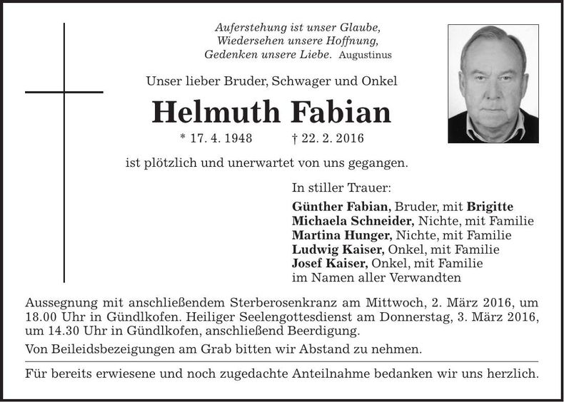 Traueranzeige Helmuth Fabian