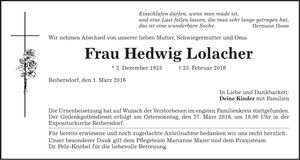 Traueranzeige Hedwig Lolacher