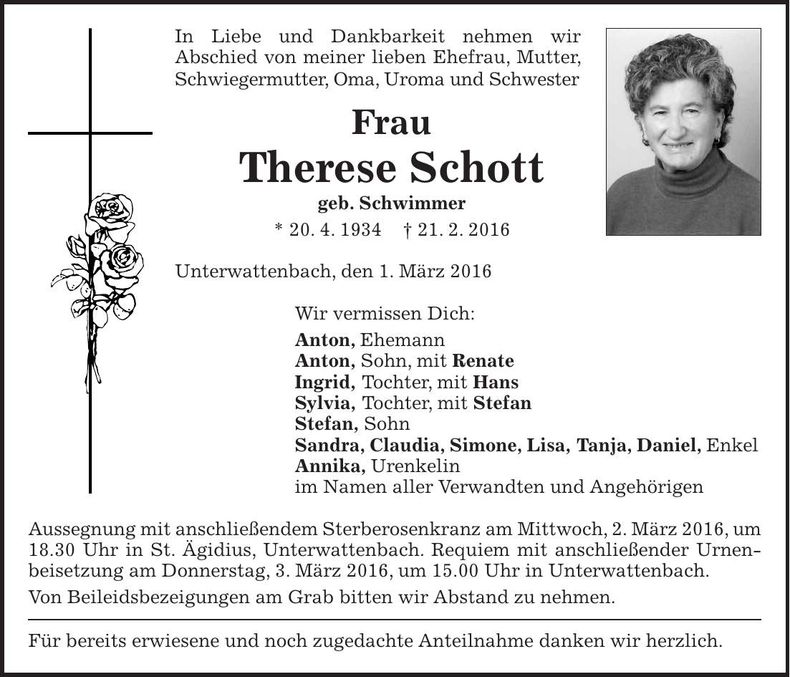 Traueranzeige Therese Schott