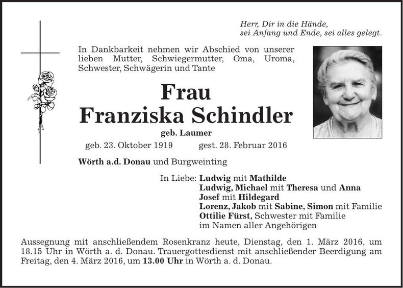 Traueranzeige Franziska Schindler