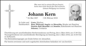 Traueranzeige Johann Kern