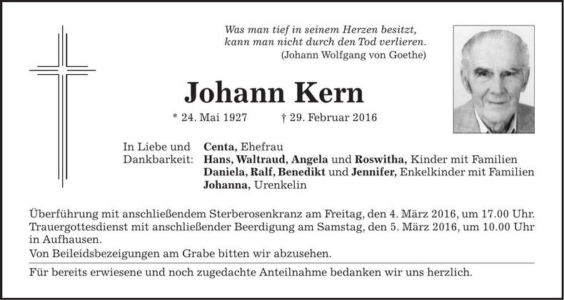 Traueranzeige Johann Kern