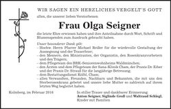 Traueranzeige Olga Seigner