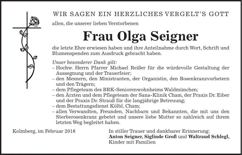 Traueranzeige Olga Seigner