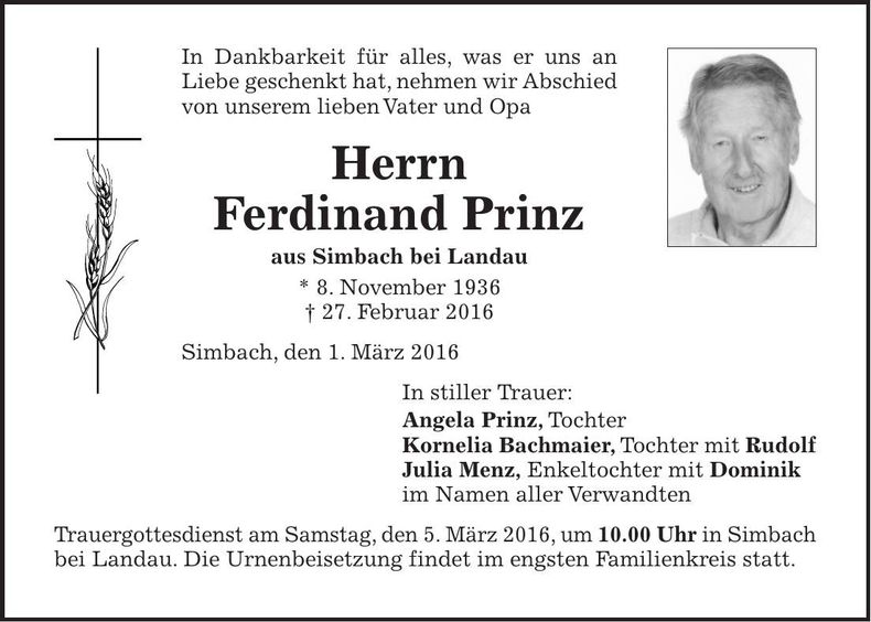 Traueranzeige Ferdinand Prinz