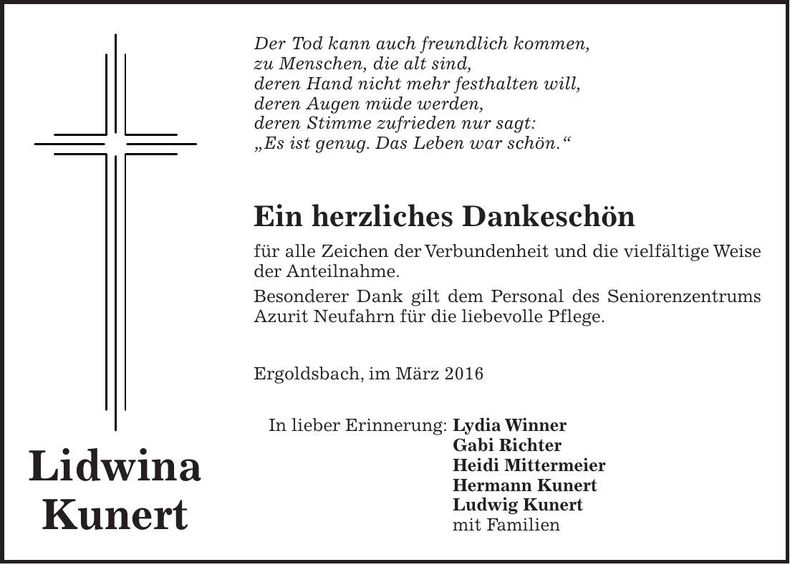 Traueranzeige Lidwina Kunert
