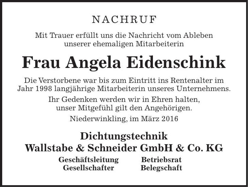 Traueranzeige Angela Eidenschink