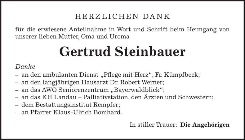 Traueranzeige Gertrud Steinbauer