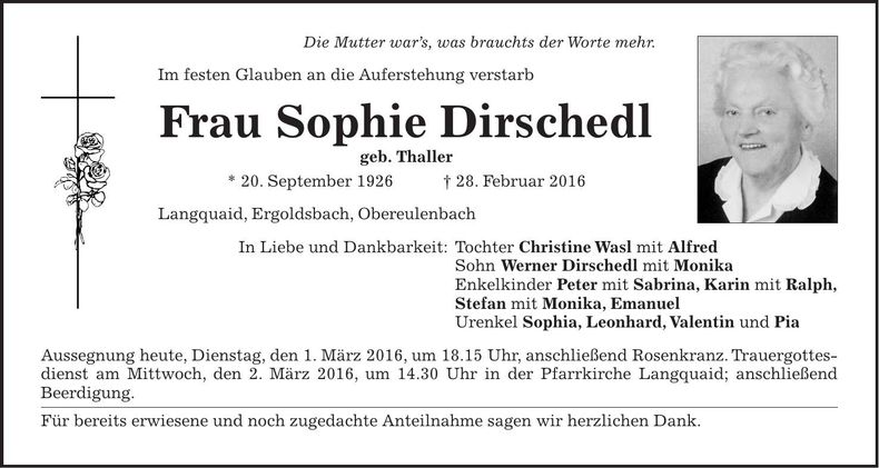 Traueranzeige Sophie Dirschedl