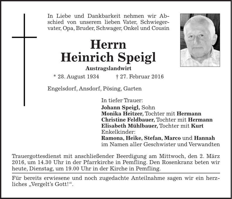 Traueranzeige Heinrich Speigl
