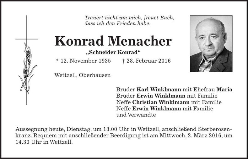 Traueranzeige Konrad Menacher