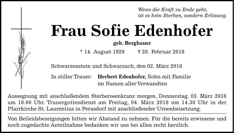 Traueranzeige Sofie Edenhofer