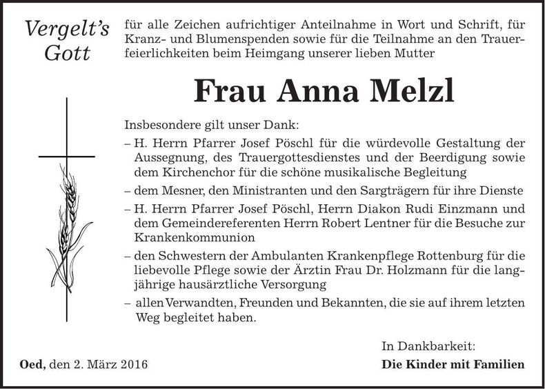 Traueranzeige Anna Melzl