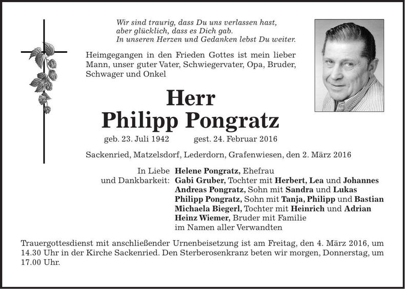 Traueranzeige Philipp Pongratz