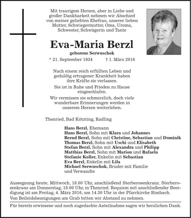 Traueranzeige Eva-Maria Berzl