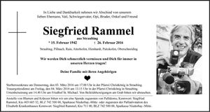 Traueranzeige Siegfried Rammel