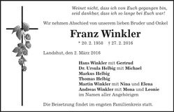 Traueranzeige Franz Winkler
