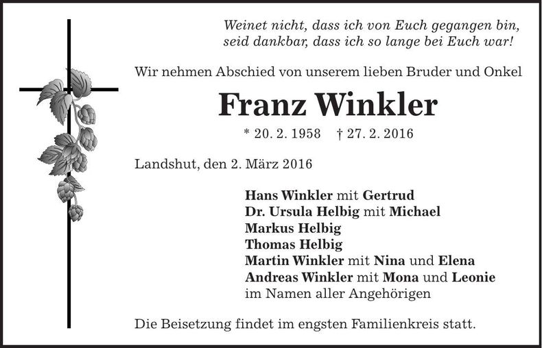 Traueranzeige Franz Winkler