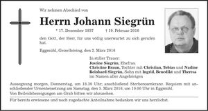 Traueranzeige Johann Siegrün