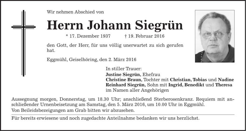 Traueranzeige Johann Siegrün