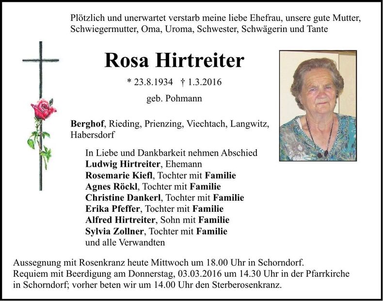 Traueranzeige Rosa Hirtreiter