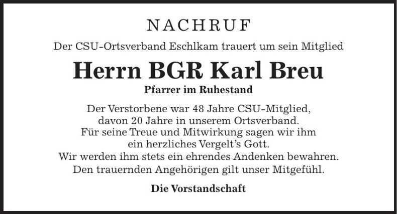Traueranzeige Karl BGR Breu