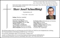 Traueranzeige Josef Schnellbögl